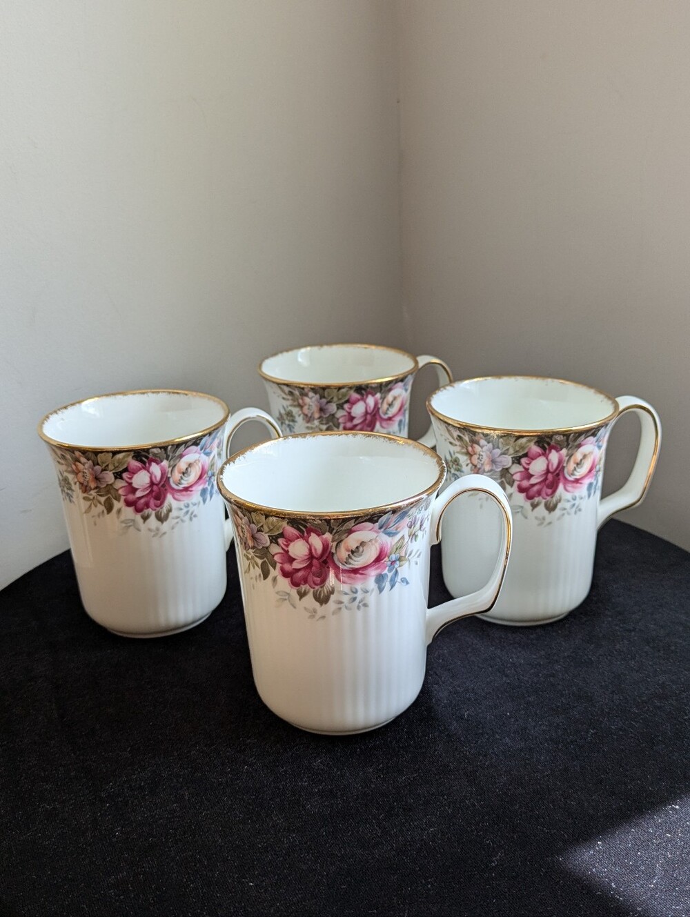 Vintage Royal Albert Autumn Roses Pink Floral and Gold-Trim Porcelain Mugs 1981